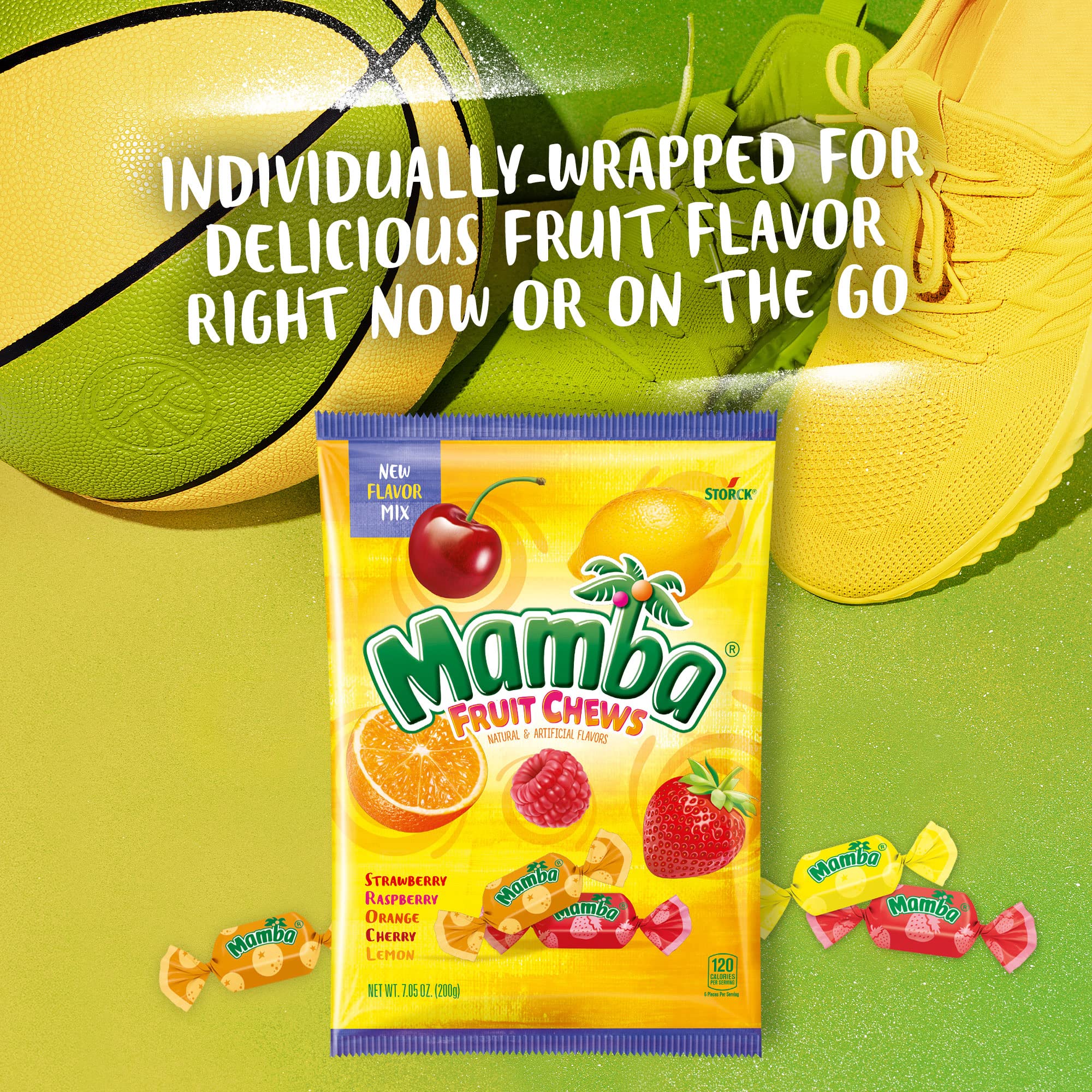 Mamba Fruit Chews texture close-up reveals chewy bite and juicy zest