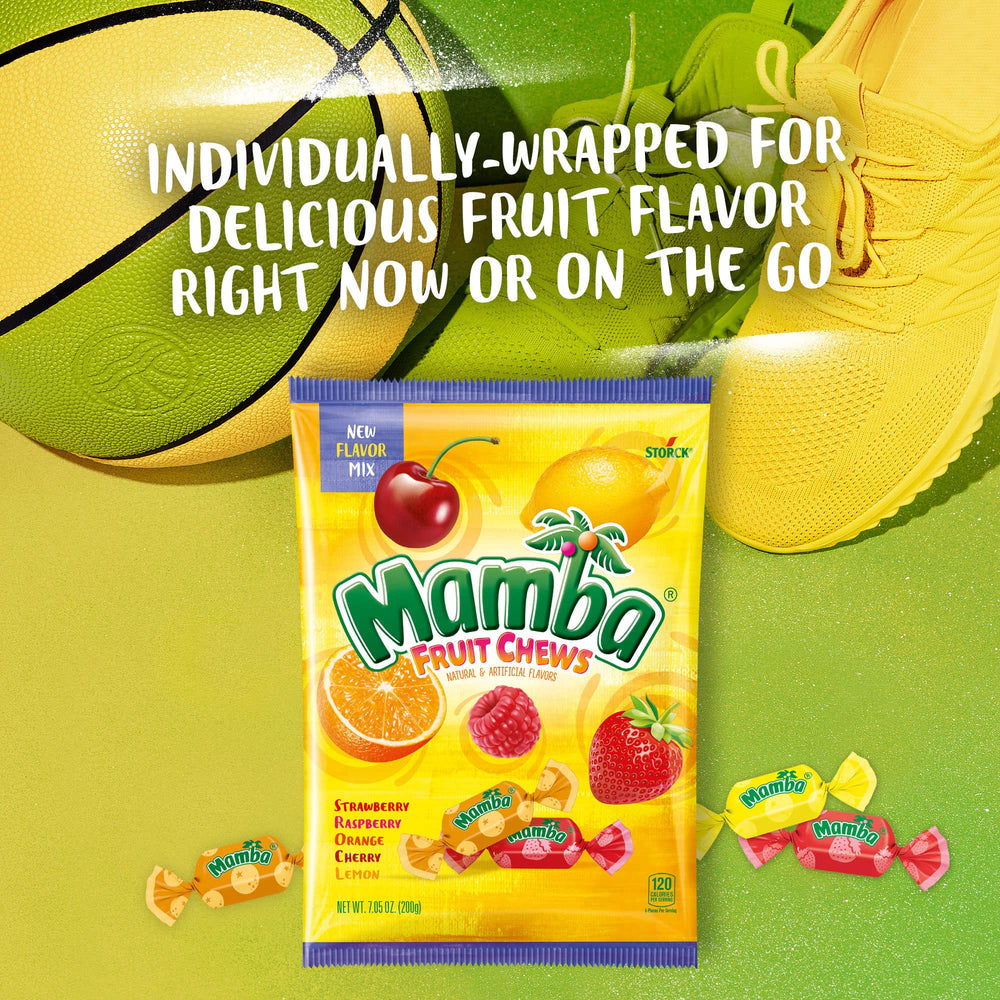 Mamba Fruit Chews texture close-up reveals chewy bite and juicy zest