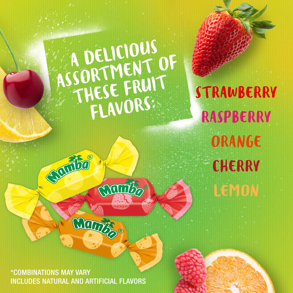 Mamba Fruit Chews unwrapped piece emphasizes soft, long-lasting fruit flavor