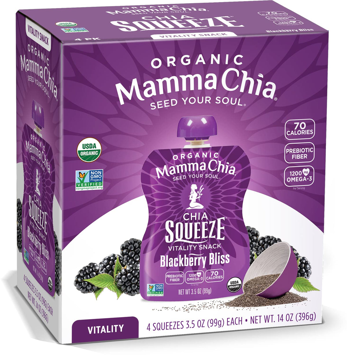 Mamma Chia Blackberry Bliss Vitality Squeeze pouch for on-the-go energy and flavor.