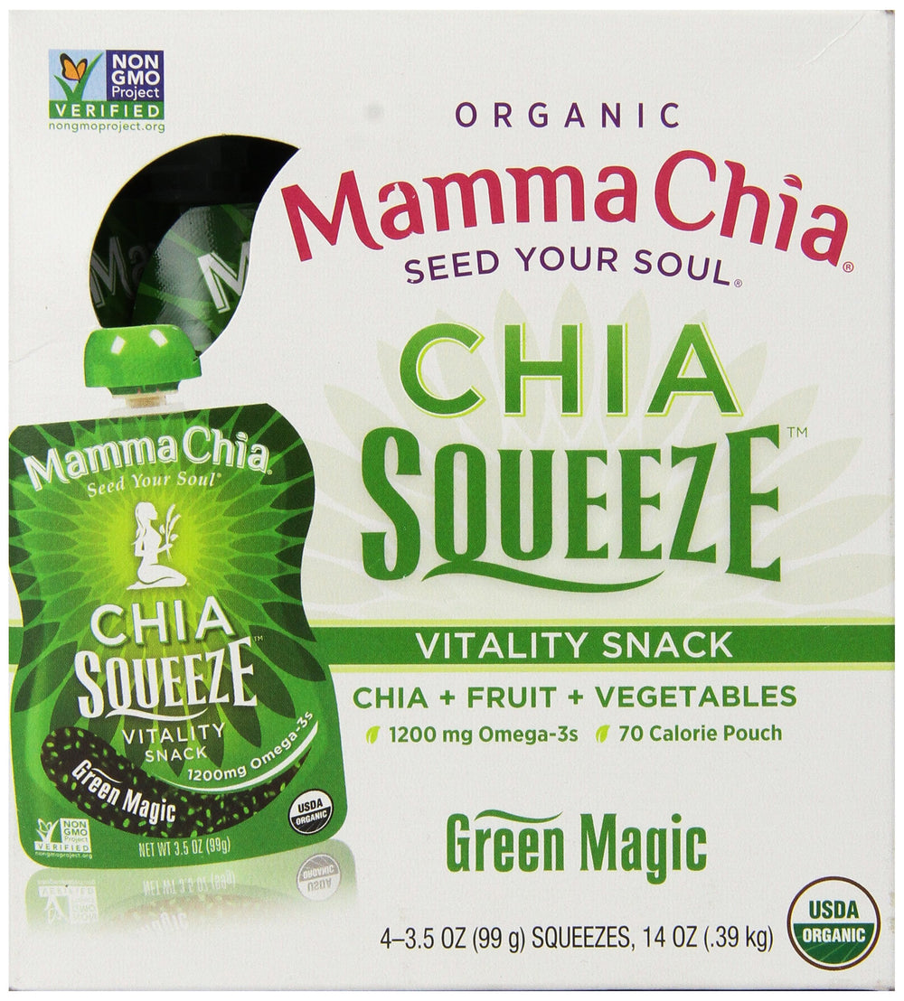 Mamma Chia Green Magic Squeeze with B Corp pride badge on pack.