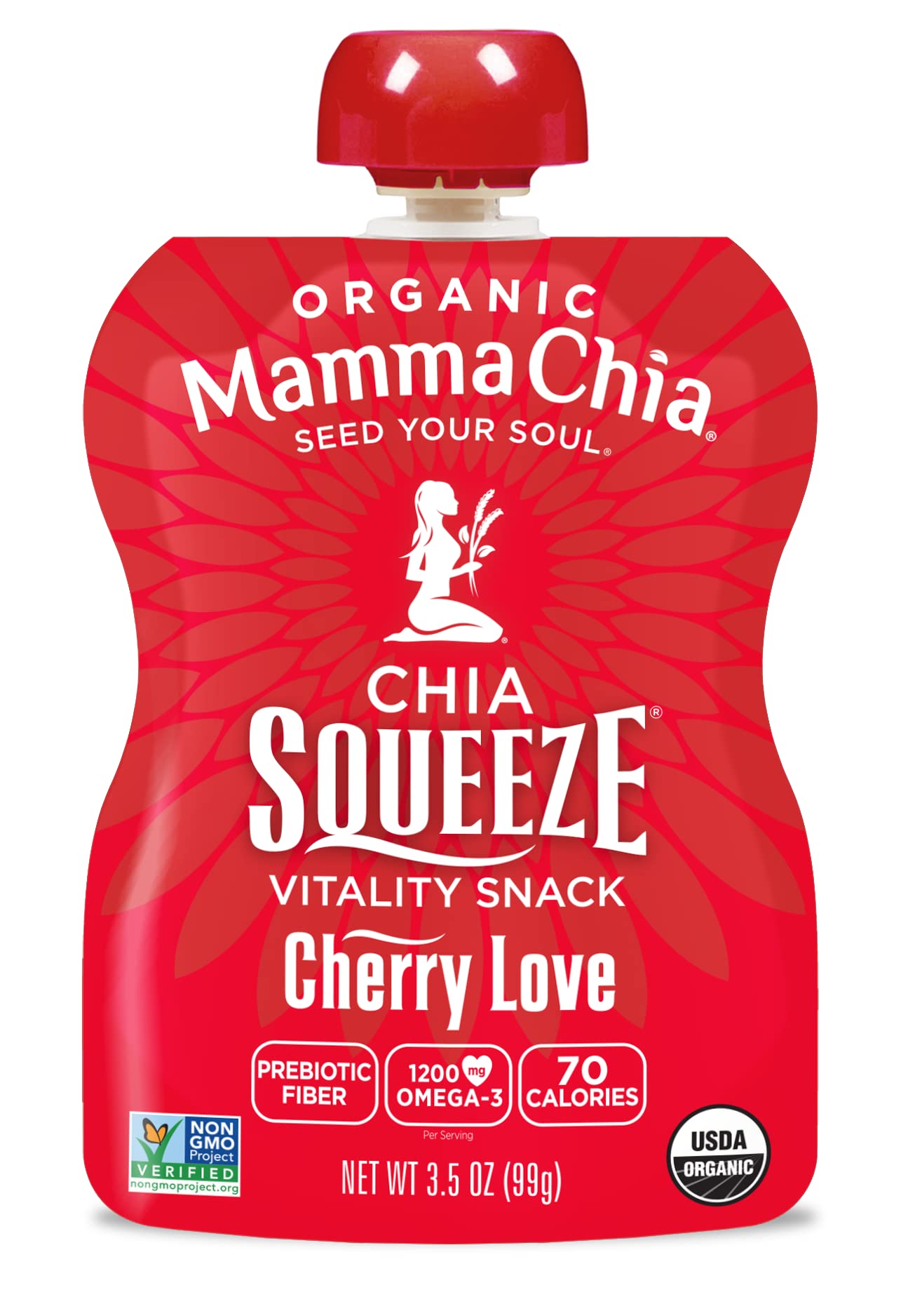Mamma Chia Cherry Love squeeze bottle, organic and gluten-free emphasis.