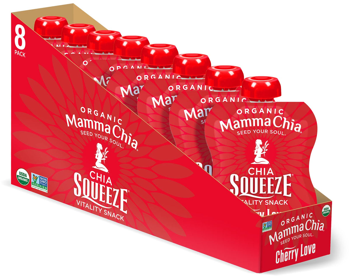 Mamma Chia Cherry Love squeeze pack on the go, a fiber-rich vegan snack.