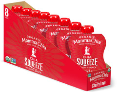 Mamma Chia Cherry Love squeeze pack on the go, a fiber-rich vegan snack.