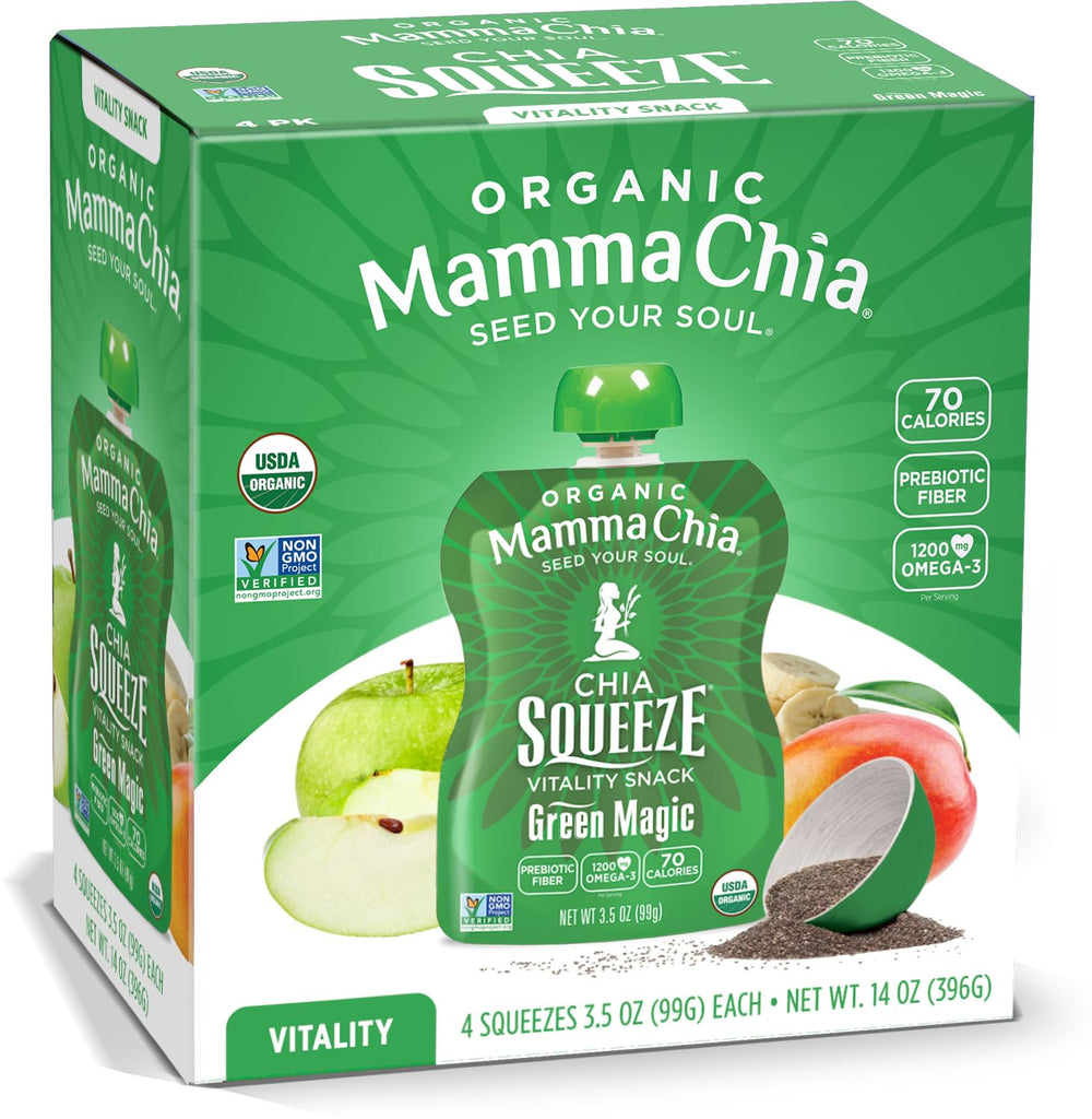 Mamma Chia Green Magic banana-mango pouch for a tasty, on-the-go energy snack.