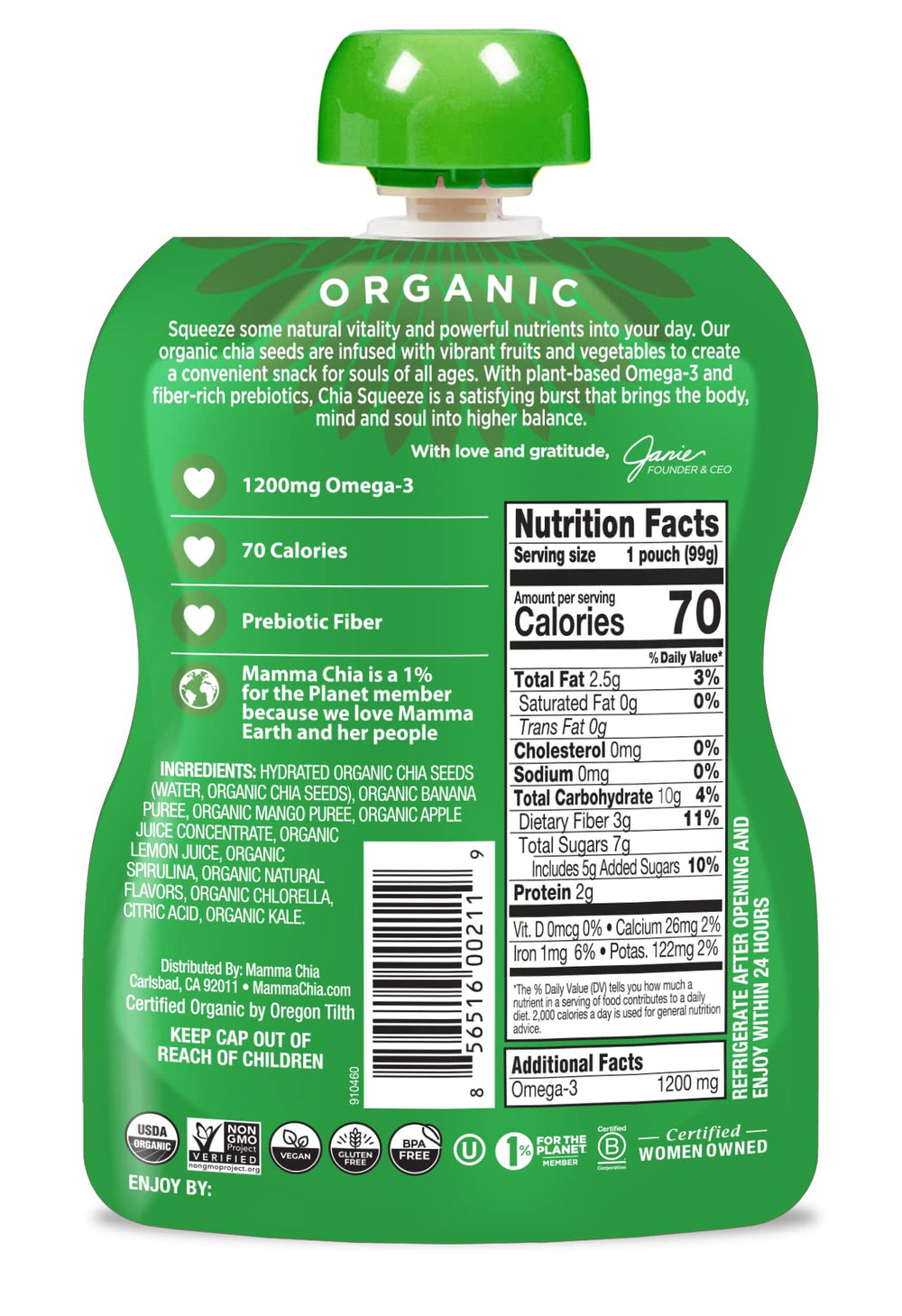 Mamma Chia Green Magic omega-3 boost pouch supports daily nutrition during activity.