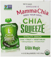 Mamma Chia Green Magic Squeeze banana-mango blend, convenient on-the-go snack.