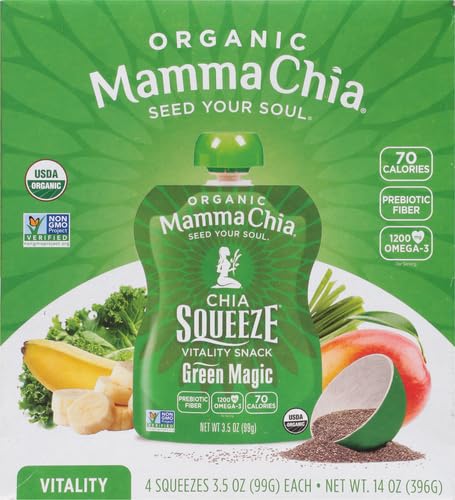 Mamma Chia Green Magic Squeeze four-pack, perfect for family snack rotation.