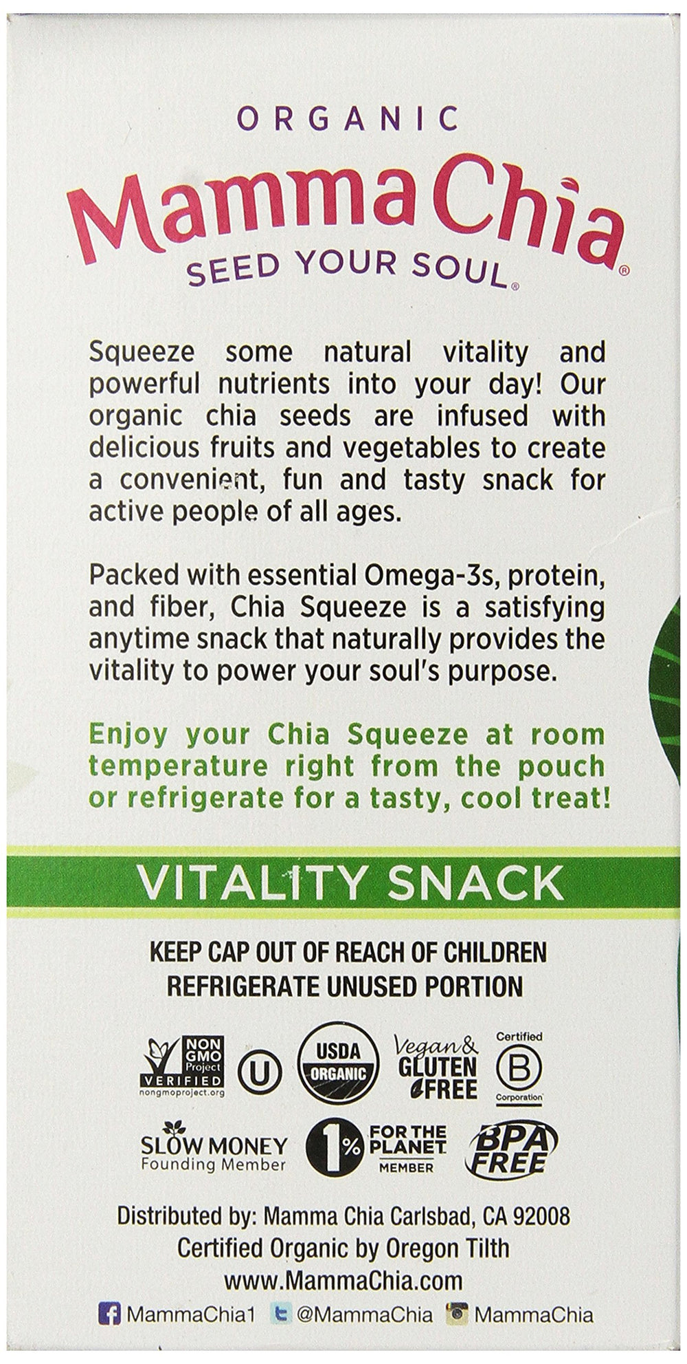 Mamma Chia Green Magic Squeeze lunchbox-ready, easy school or work snack.