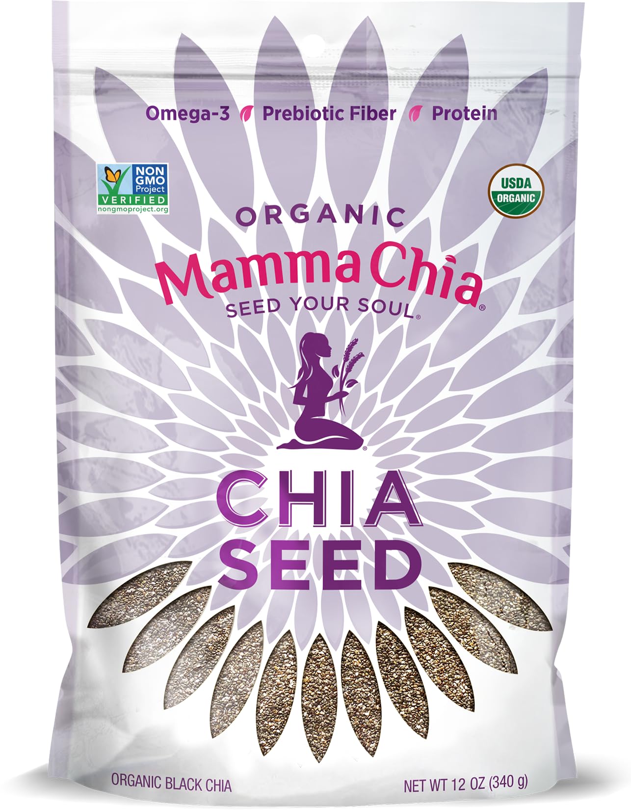 Mamma Chia Organic Black Chia Seeds in a 12oz bag, ready to add to meals.
