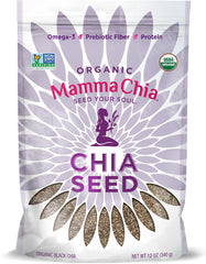 Mamma Chia Organic Black Chia Seeds in a 12oz bag, ready to add to meals.