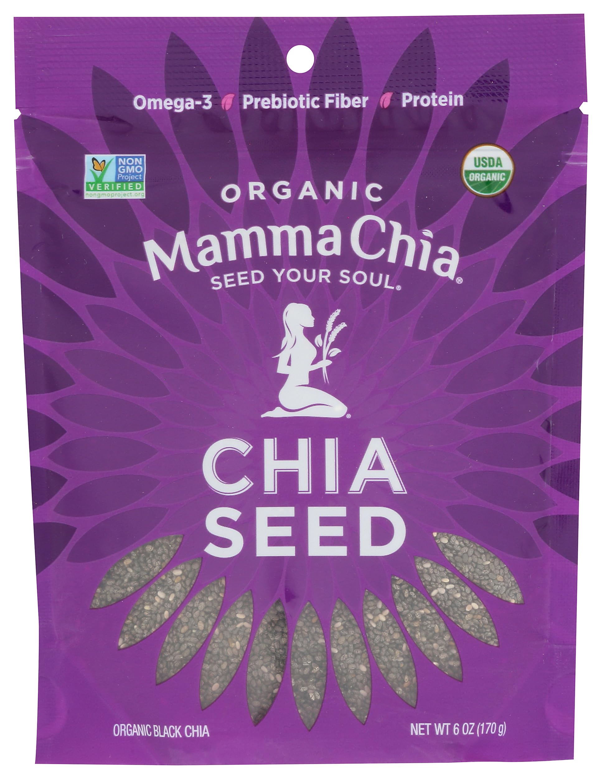 Mamma Chia organic black seeds in a 6-ounce bag, rich in omega-3s.