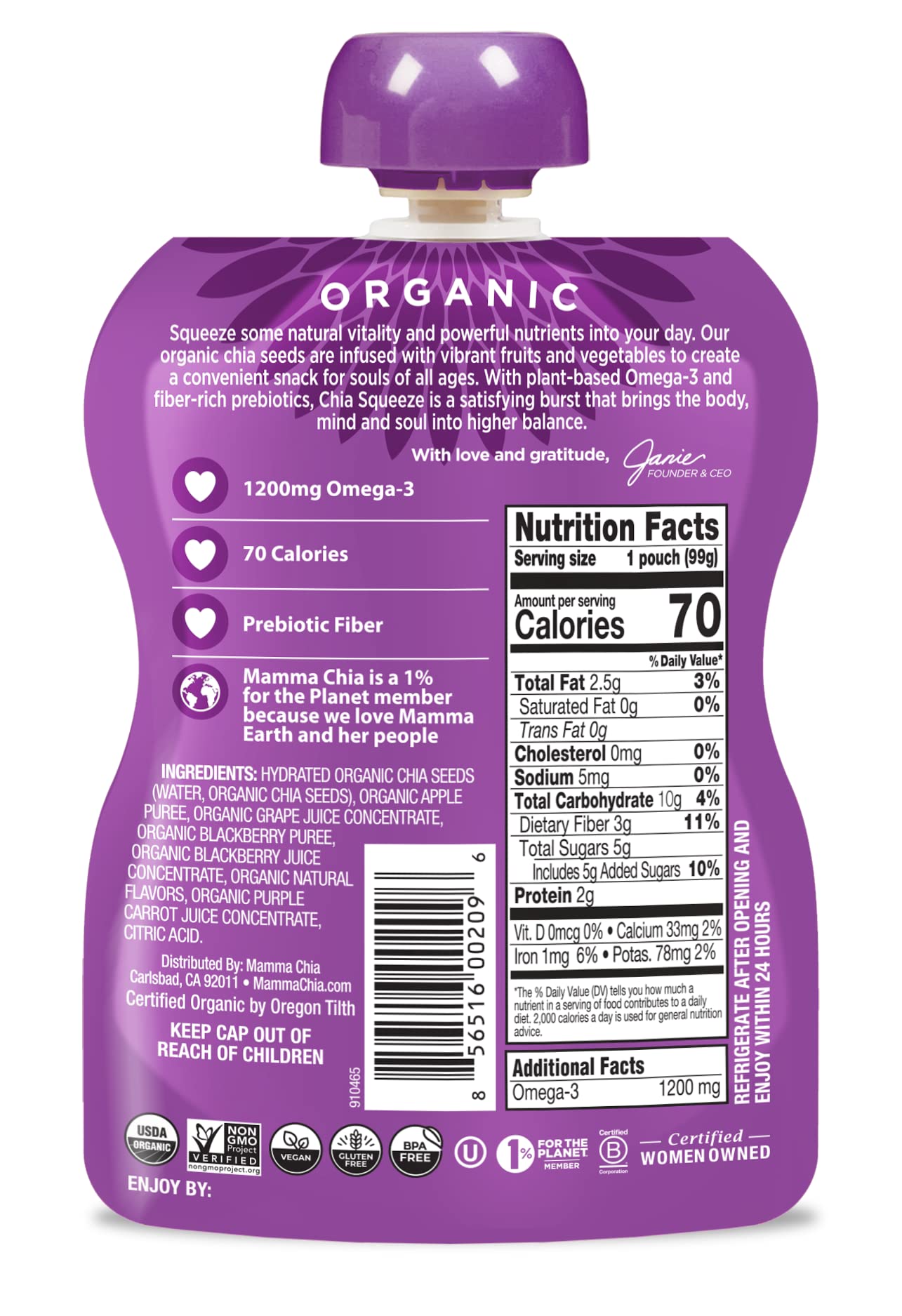 Mamma Chia Organic Vitality Squeeze packaging shows real fruit and chia goodness.