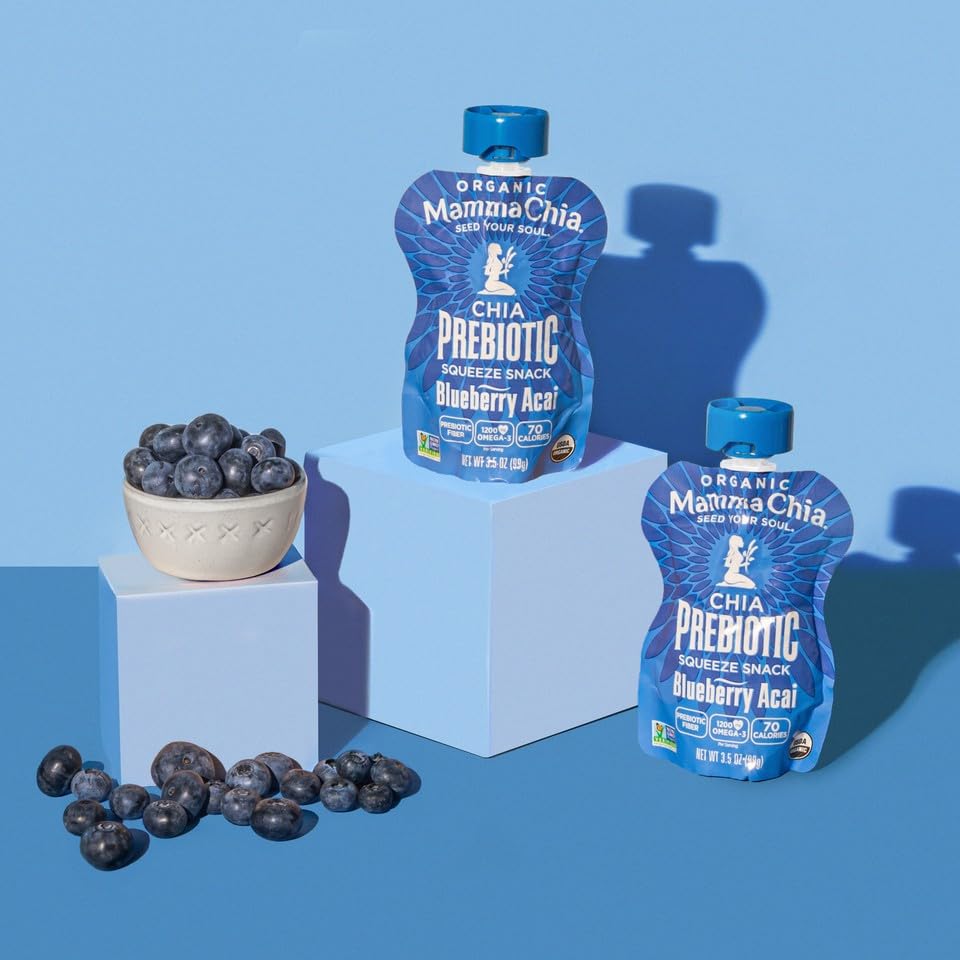 Mamma Chia Blueberry Acai imagery highlights flavor and plant-based convenience.