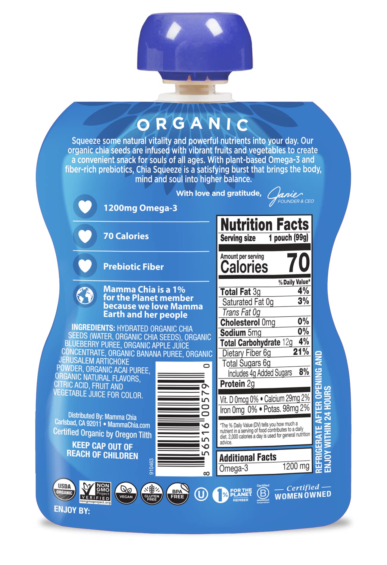 Mamma Chia Prebiotic Squeeze Blueberry Acai served as a convenient on-the-go snack.