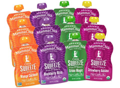 Mamma Chia Squeeze four-variety pack on-the-go vitality snack for busy days.