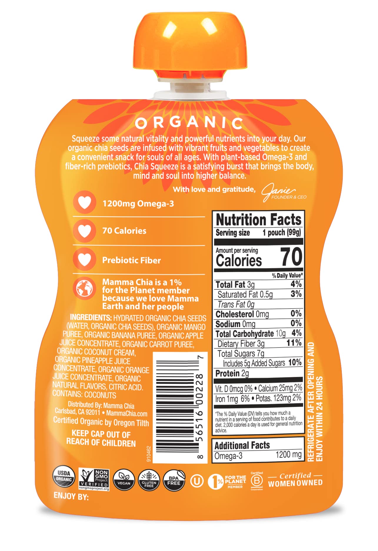 Mamma Chia Vitality Squeeze pouch opened showing mango coconut texture