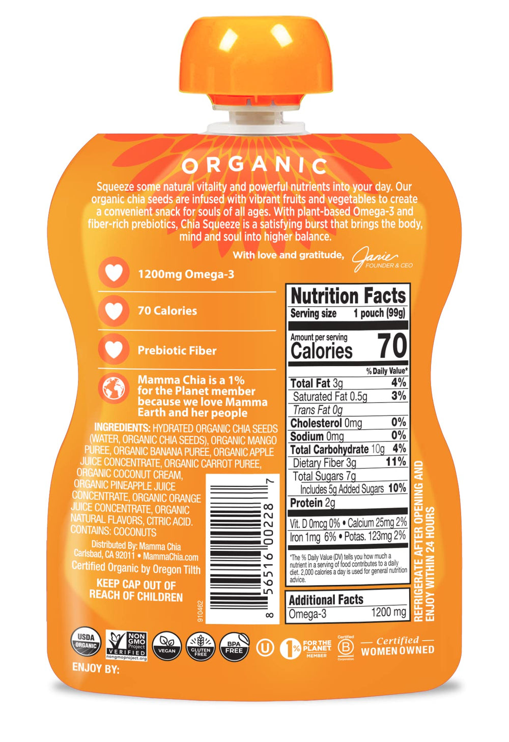 Mamma Chia Vitality Squeeze pouch opened showing mango coconut texture