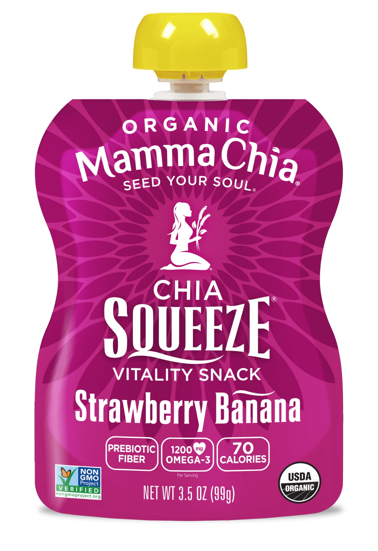 Mamma Chia Strawberry Banana Squeeze pouch open shows convenient, fiber-rich snack.