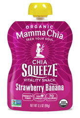 Mamma Chia Strawberry Banana Squeeze pouch open shows convenient, fiber-rich snack.