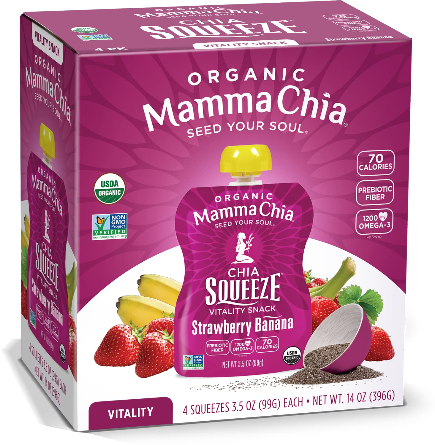 Mamma Chia Vitality Squeeze strawberry banana pouch ready for on-the-go snacking.