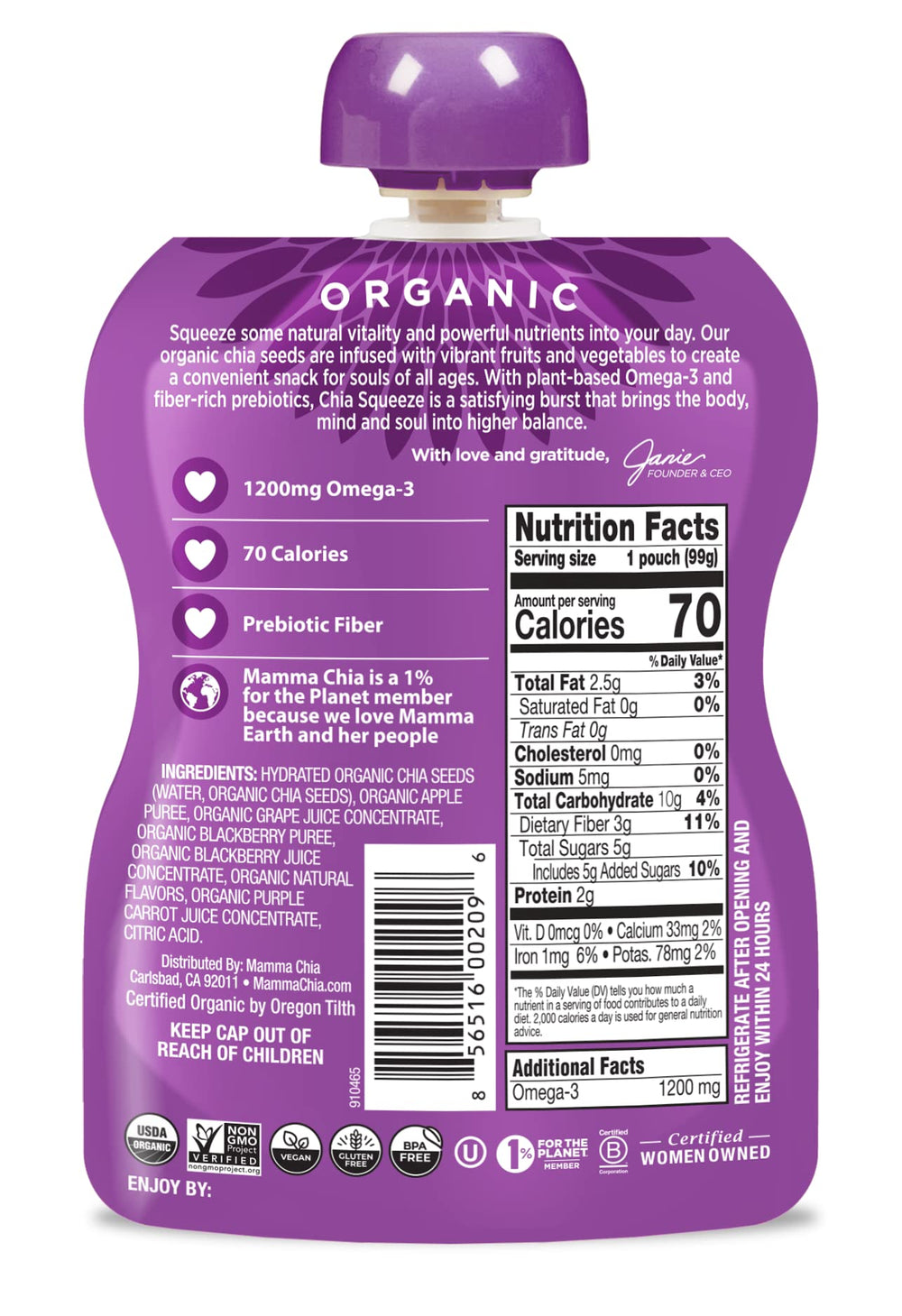 Mammachia Chia Squeeze Blackberry Bliss pouch back highlights organic, vegan ingredients
