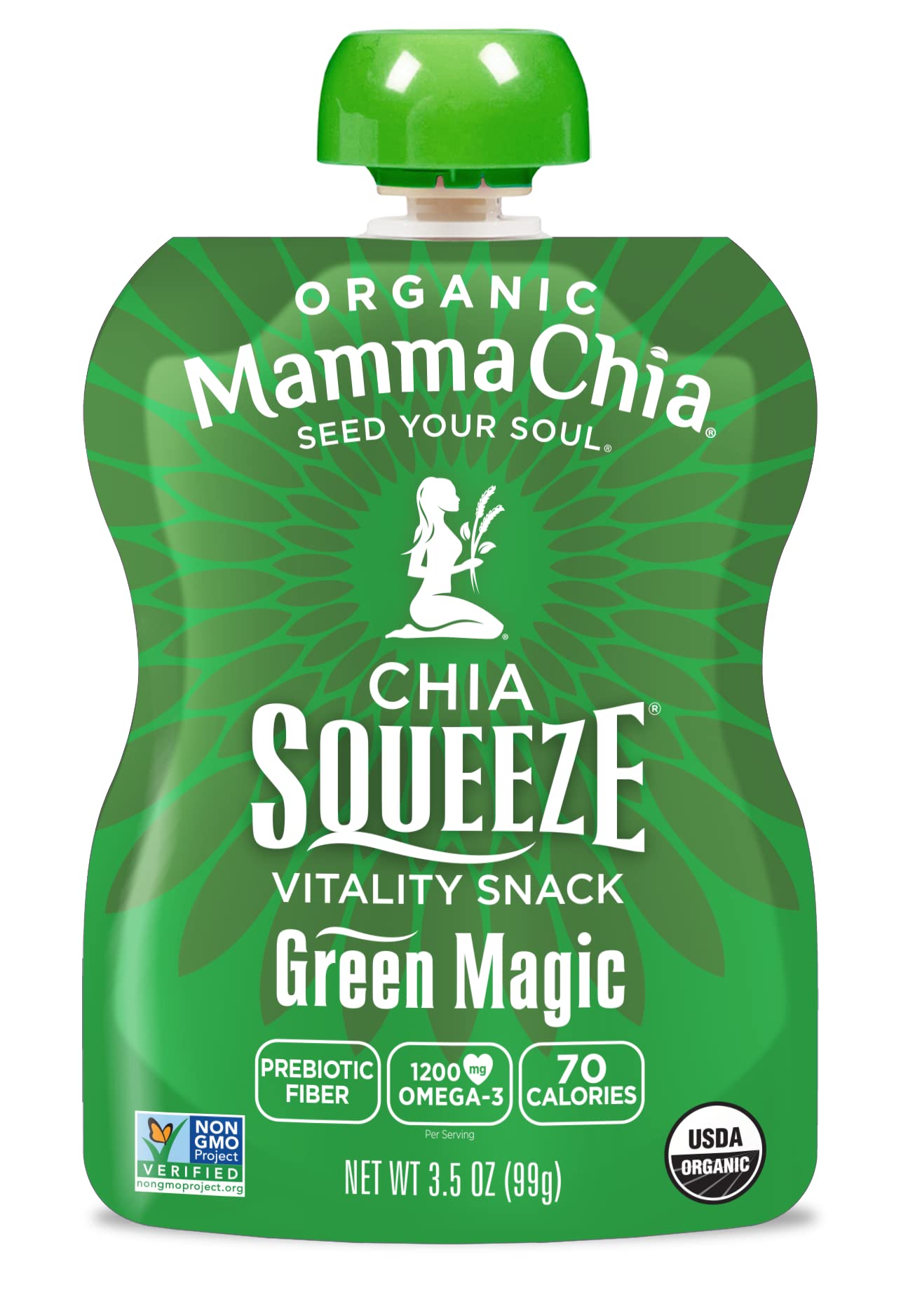 Close-up of chia seeds in Mammachia Chia Squeeze for fiber and protein.