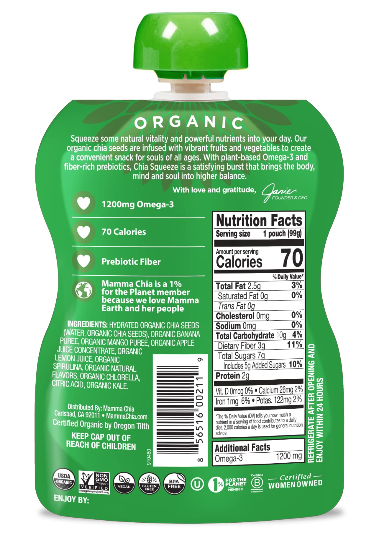 Mammachia Chia Squeeze Green Magic pouch opened to reveal the chewy chia snack.