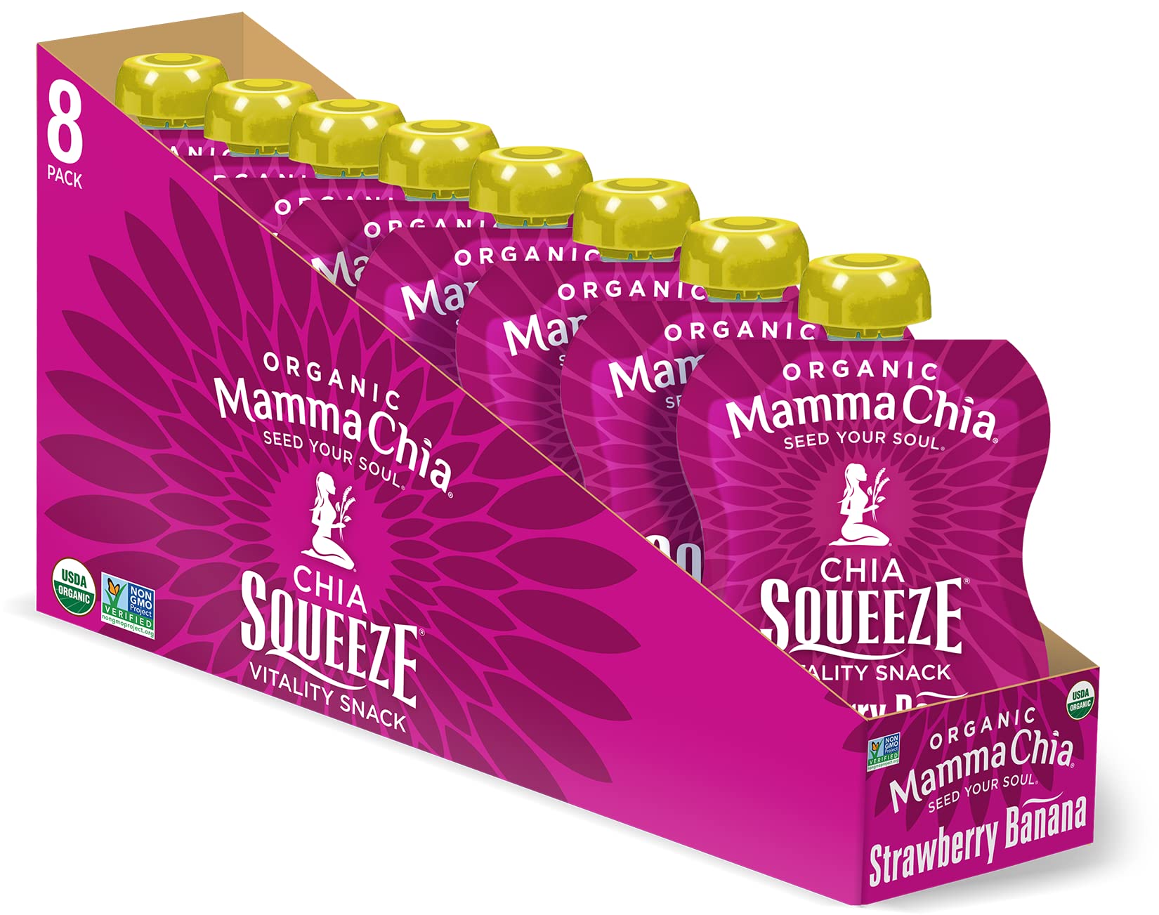 Mamma Chia Chia Squeeze strawberry banana pouch front view; ready-to-eat vegan snack.