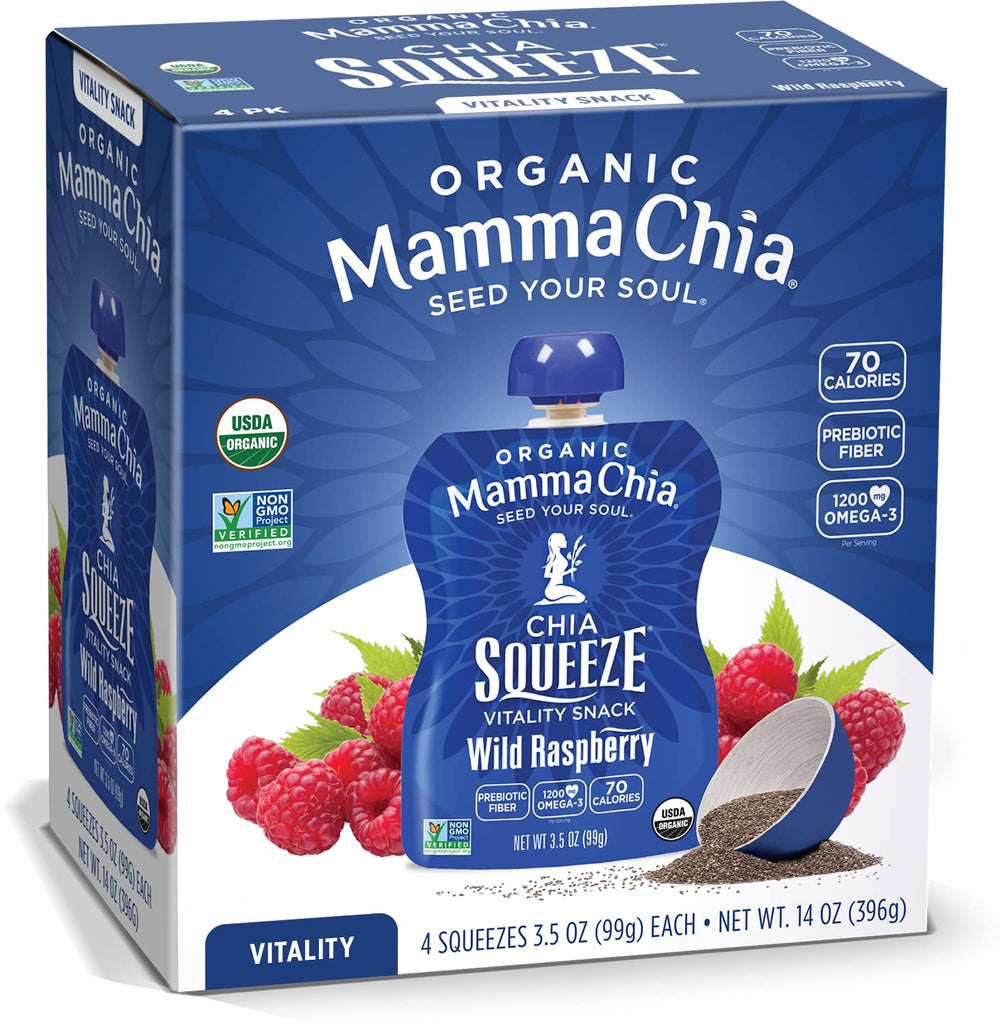 Mammachia Chia Squeeze Wild Raspberry 6-pack, convenient on-the-go snack for natural energy.