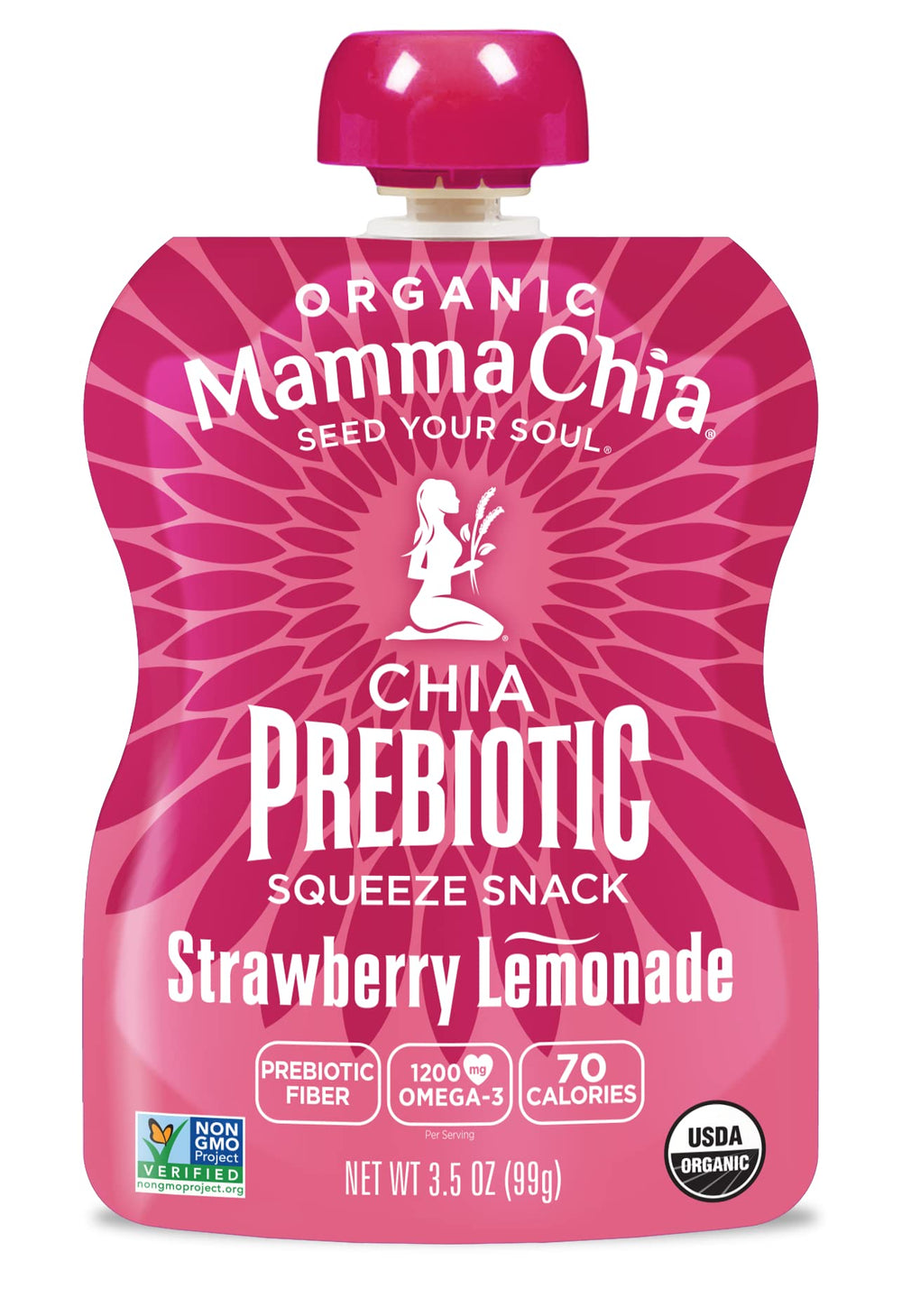 Mamma Chia Strawberry Lemonade prebiotic squeeze snack label closeup shows organic, non-GMO.