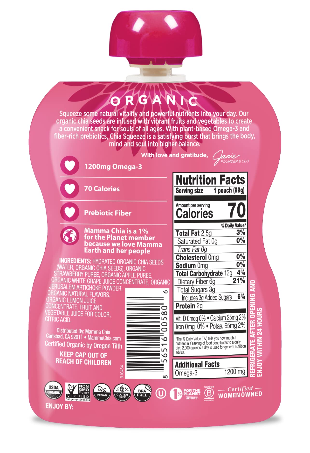 Mamma Chia Strawberry Lemonade prebiotic squeeze snack pack6 back, nutrition details.