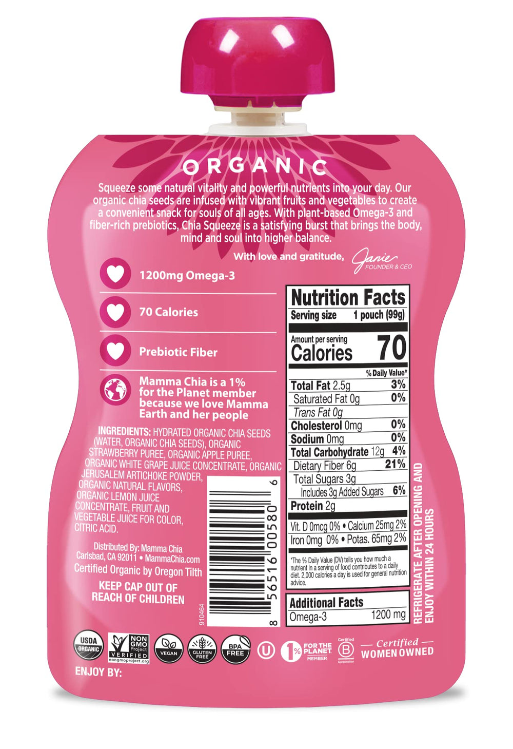Mamma Chia Strawberry Lemonade prebiotic squeeze snack pack6 back, nutrition details.