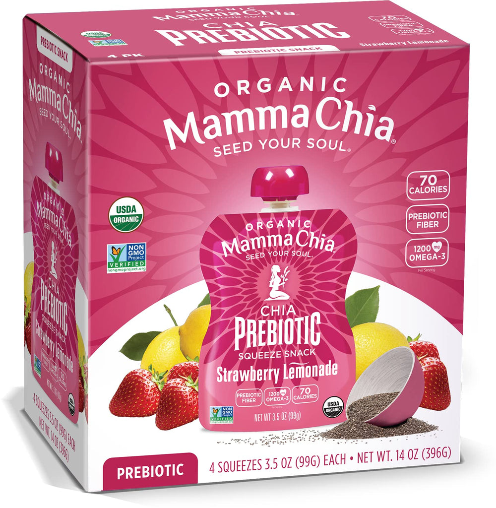 Mamma Chia Strawberry Lemonade prebiotic squeeze snack pack6 front, on-the-go option.