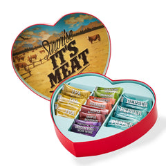 Man Crates Meat Heart box closeup highlights savory sticks in a romantic gift.