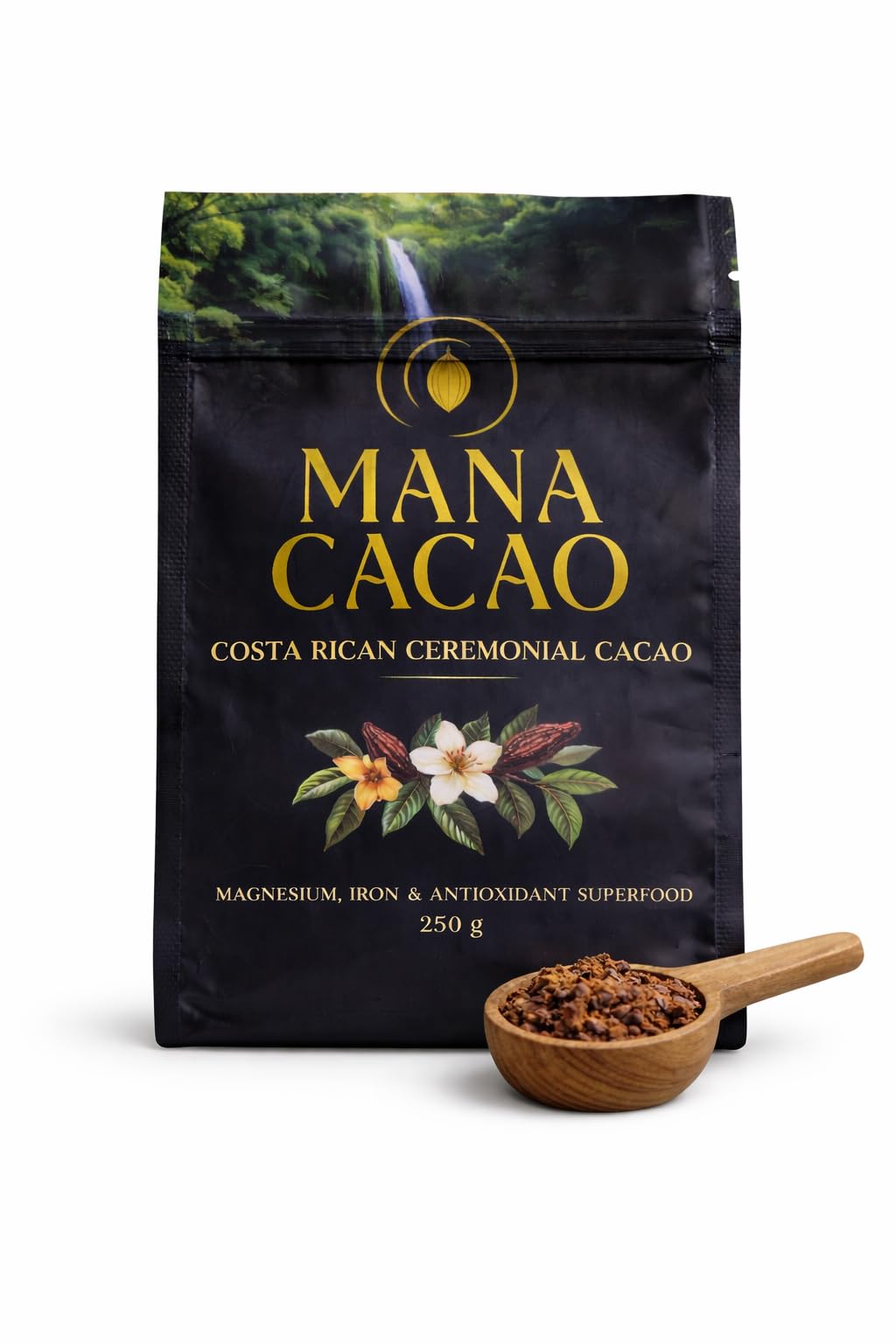 Mana Cacao ceremonial cacao paste close-up, rich texture for mindful ceremony.