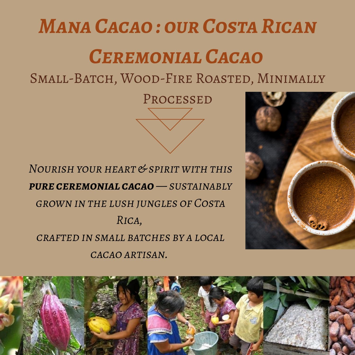 Mana Cacao pure ceremonial cacao paste, unrefined richness for warm beverages.