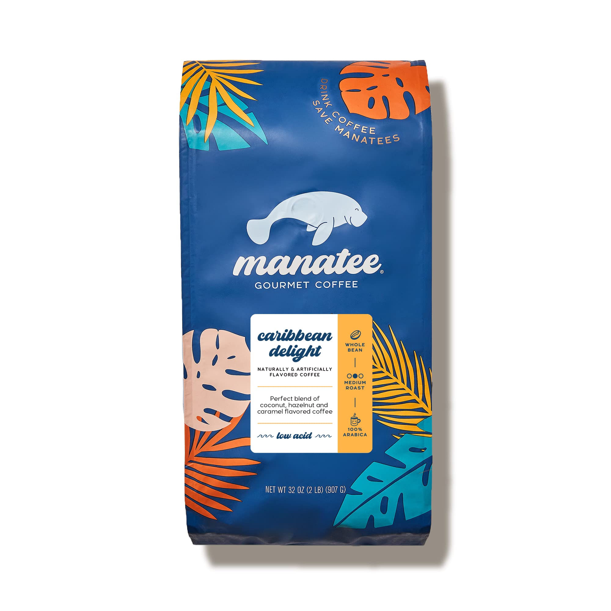 Manatee Gourmet Coffee Caribbean Delight front bag highlighting premium low-acid Arabica