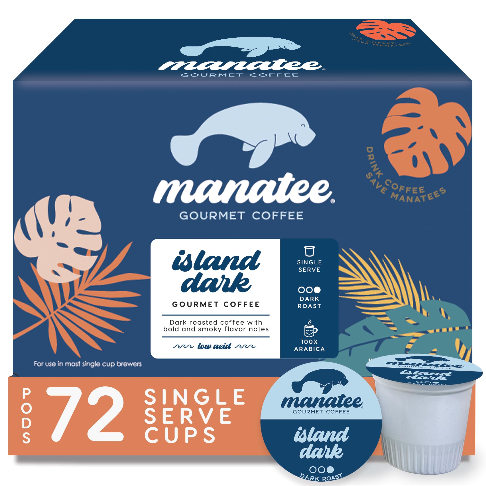 Manatee Gourmet Coffee Island Dark Roast pods ready for Keurig brewing.