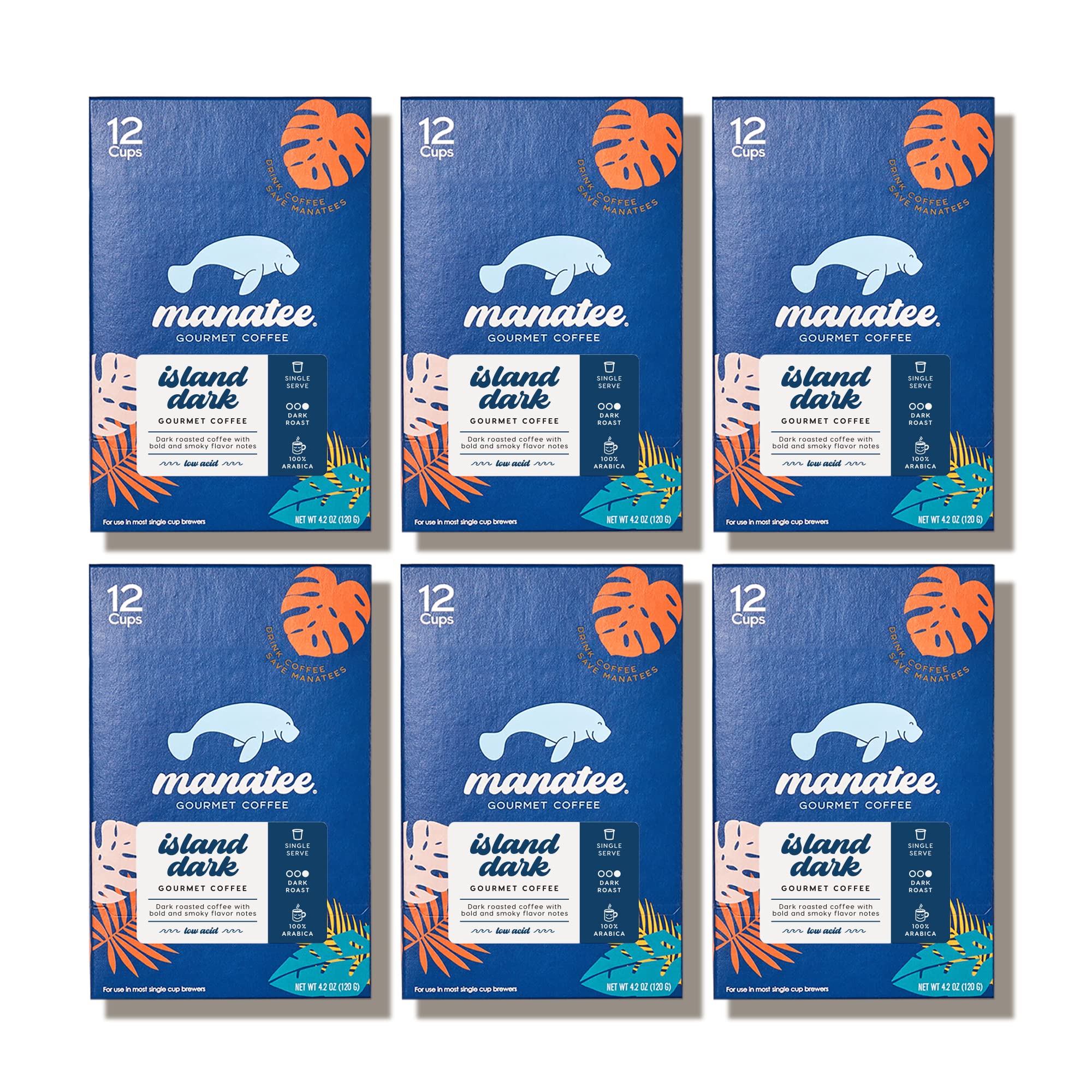 Manatee Gourmet Coffee pack of six 12-count boxes on the pantry shelf.
