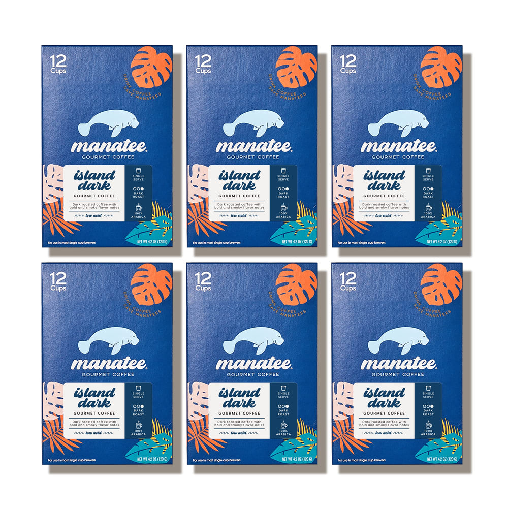 Manatee Gourmet Coffee pack of six 12-count boxes on the pantry shelf.