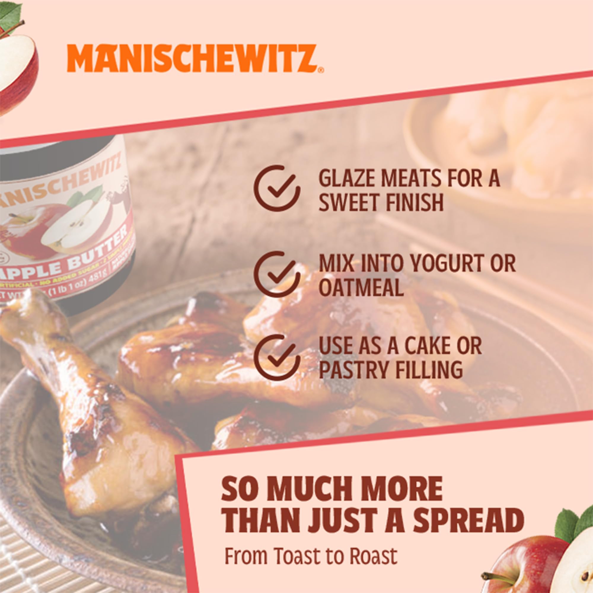 Kosher certification visible on the Manischewitz Apple Butter jar.