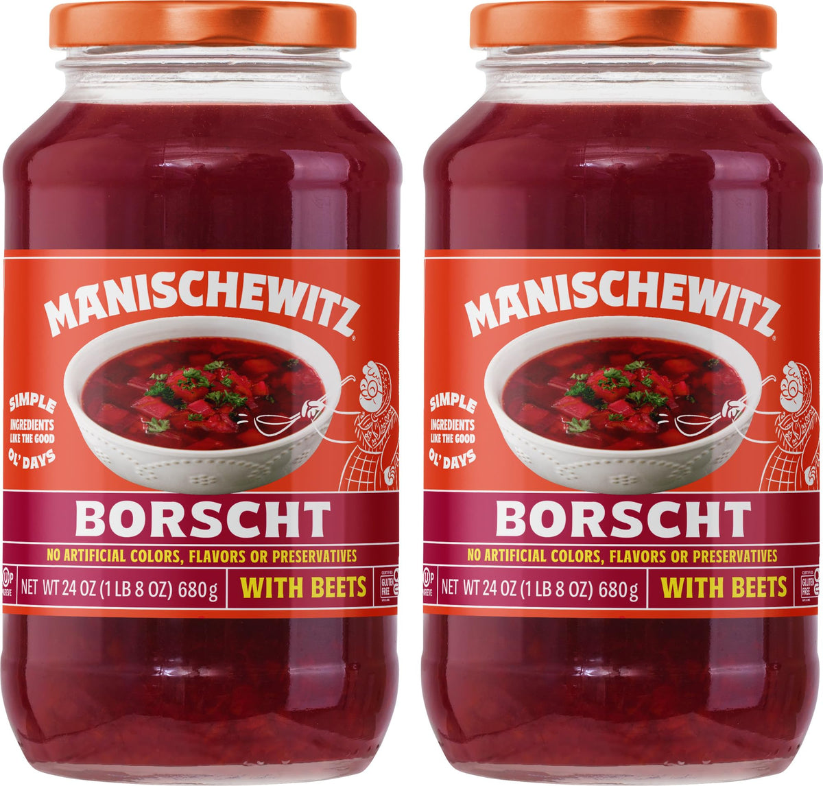 Manischewitz Borscht with beets steaming in a bowl, ready-to-serve for quick meals.