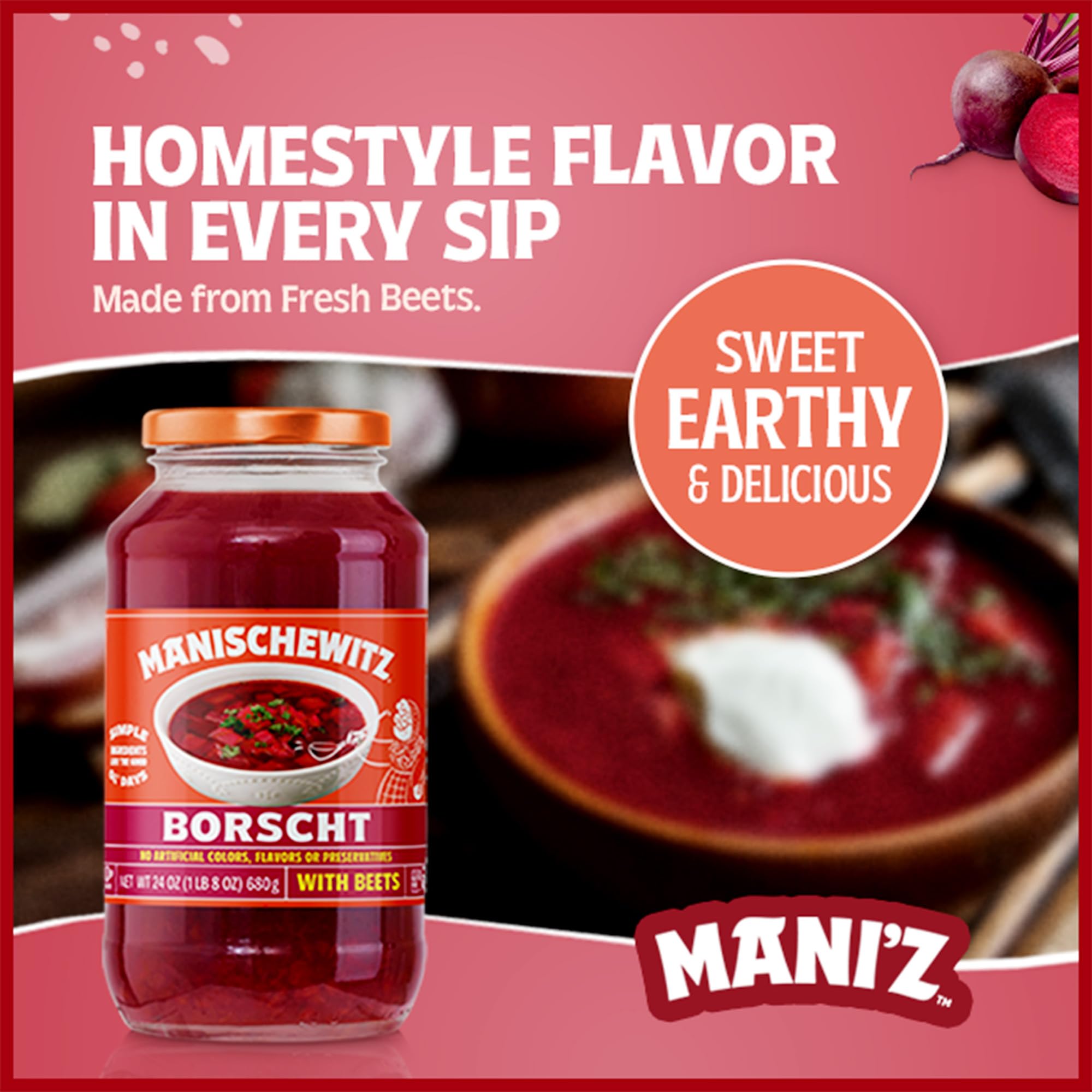 Steaming Manischewitz Borscht simmering on the stovetop.