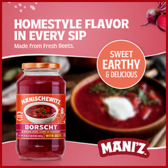 Steaming Manischewitz Borscht simmering on the stovetop.