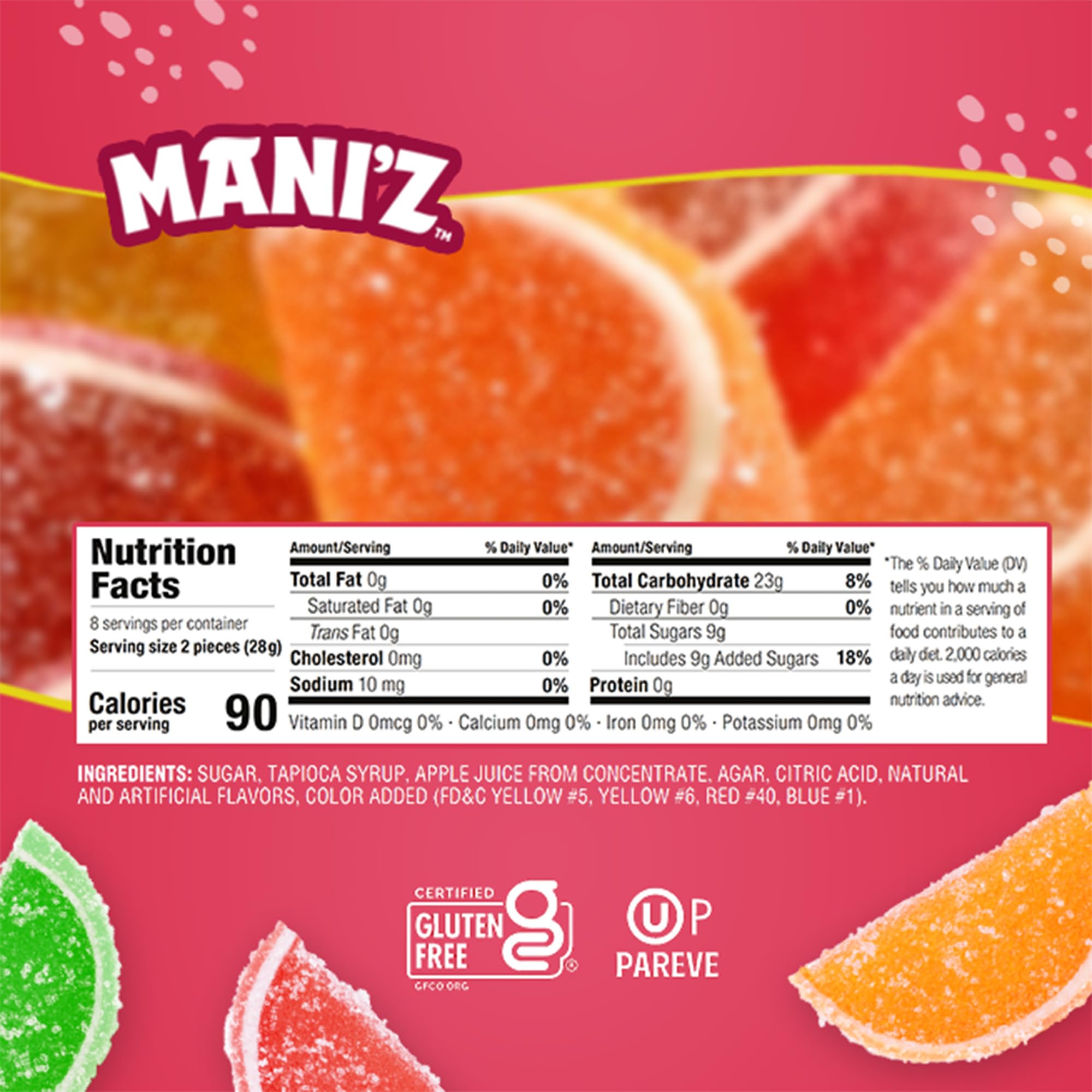 Manischewitz candied fruit slices open box displays glossy fruit pieces for snacking.