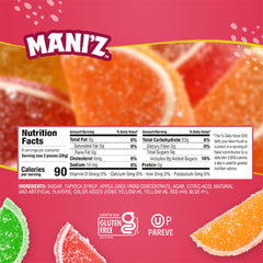 Manischewitz candied fruit slices open box displays glossy fruit pieces for snacking.