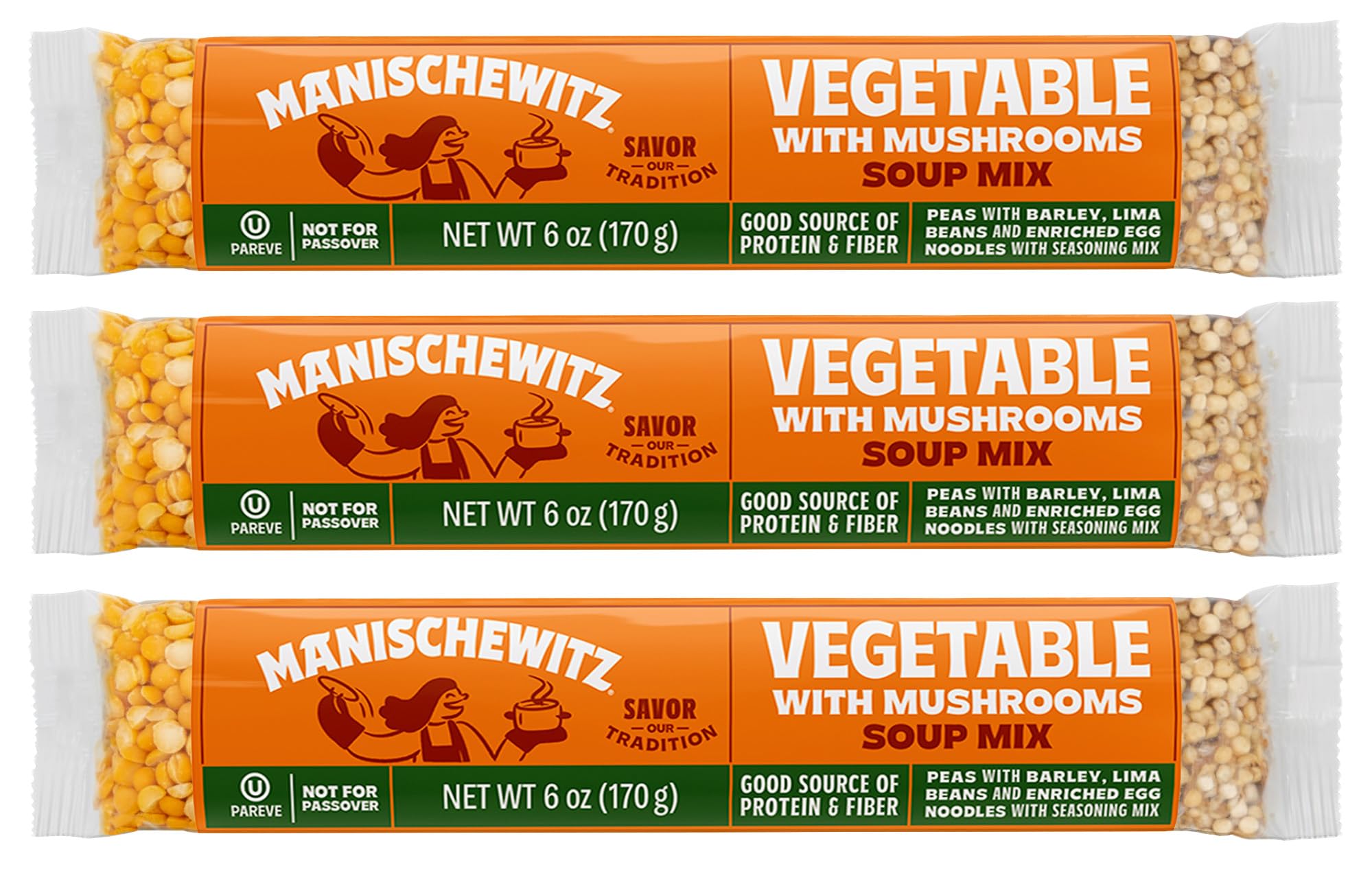 Manischewitz Cello Vegetable with Mushrooms Soup Mix in a 3-pack, quick, comforting dinners.