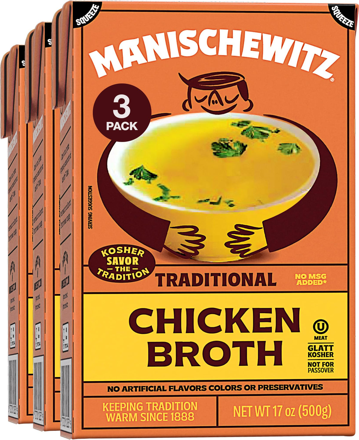 Manischewitz chicken broth three-pack front label emphasizes convenient weekly cooking