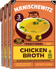Manischewitz chicken broth three-pack front label emphasizes convenient weekly cooking